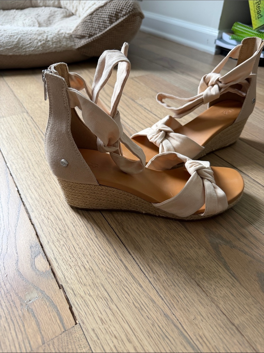 Wedge Espadrille Sandals with Ankle Tie - Beige